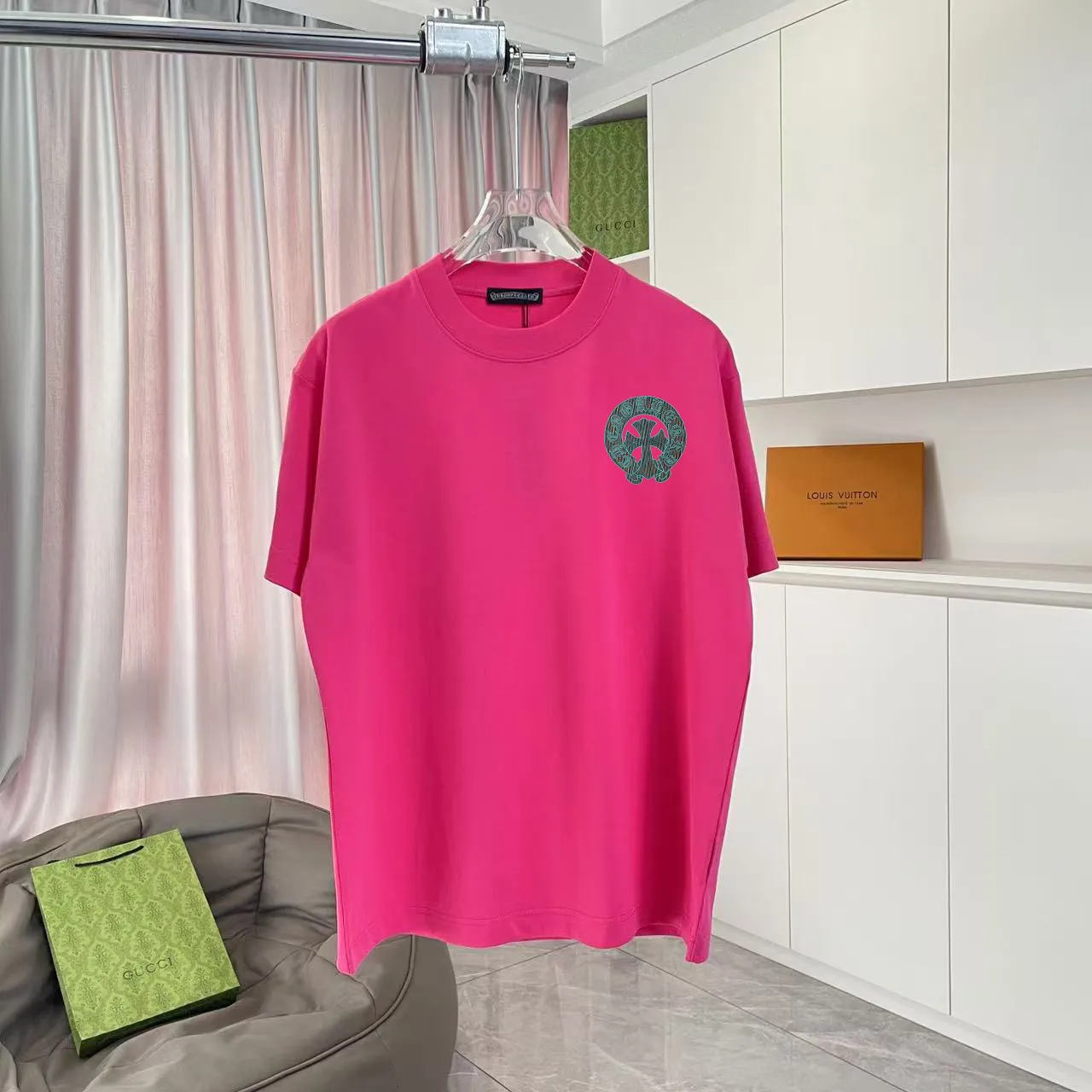 🅿️170 ch Crow*2025 summer new style Sanskrit cross horseshoe print short-sleeved T-shirt customized fabric 300g same style for men and women Size: S M L XL XXL five sizes Color: black white pink rose red iron gray